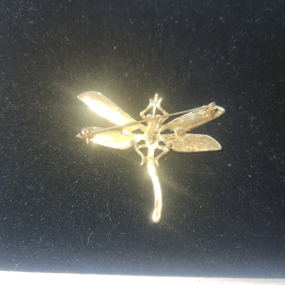 Vintage Gold Tone‎ Dragonfly Brooch Green Emerald Red Ruby Rhinestone Pin 2.5